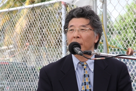 Japanese Ambassador Mr. Yoshimasa Tezuka delivering remarks at the Grant Agreement and Exchange of Notes signing ceremony at Gallows Bay in Charlestown on April 27, 2012
